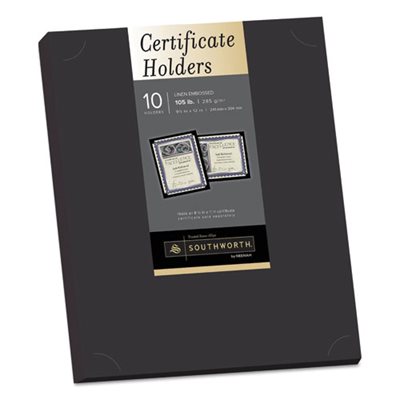 Certificate Holder, Black, 105lb Linen Stock, 12 x 9 1 / 2, 10 / Pack