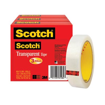 TAPE, Transparent, SCOTCH, 1" x 2592", 3" Core, Transparent, 3 / Pack