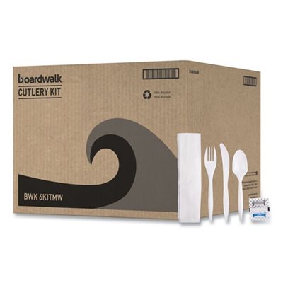 Cutlery Kit, Plastic, Fork / Spoon / Knife / Salt / Pepper / Napkin, White, 250 / Carton