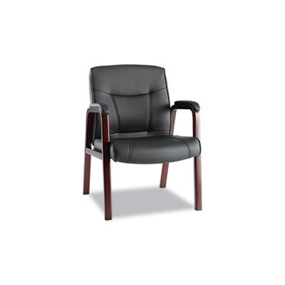 CHAIR, ALERA MADARIS SERIES, LEATHER, GUEST, WOOD TRIM, FOUR LEGS, BLACK / MAHOGANY