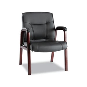 CHAIR, ALERA MADARIS SERIES, LEATHER, GUEST, WOOD TRIM, FOUR LEGS, BLACK / MAHOGANY