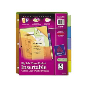 DIVIDERS, Big Tab, Plastic, w /  Three Pockets & Corner Lock, 5-Tab, 11.125" x 9.25"