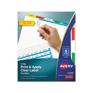 DIVIDERS, Print & Apply, Clear Label, w /  Color Tabs, 5-Tab, Letter, 5 Sets