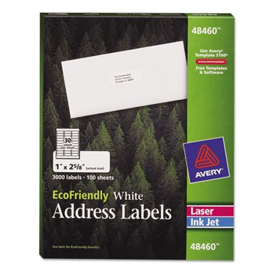 LABELS, EcoFriendly, Laser / Inkjet, Easy Peel, Mailing, 1" x 2.625", White, 3000 / Pk