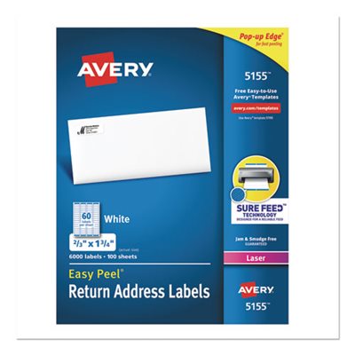 LABELS, Easy Peel, Mailing Address, Laser, .66" x 1.75", White, 6000 / Pk