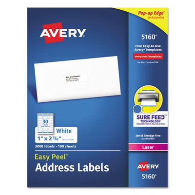 LABELS, Easy Peel, Mailing Address, Laser, 1" x 2.625", White, 3000 / Box