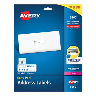 LABELS, Easy Peel, Mailing, Address, Laser, 1" x 2.625", White, 750 / Pk