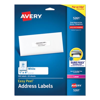 LABELS, Easy Peel, Mailing, Address, Laser, 1" x 4", White, 500 / Pk