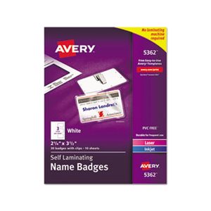 NAME BADGES, Self-Laminating, Laser / Inkjet, Printer, 2.25" x 3.5", White, 30 / Box