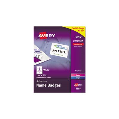 NAME BADGE, Flexible, Self-Adhesive, Laser / Inkjet, Labels, 2.33" x 3.375", WHITE, 400 / Box