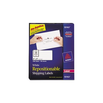 LABELS, Repositionable, Shipping, Inkjet / Laser, 2" x 4", White, 1000 / Box