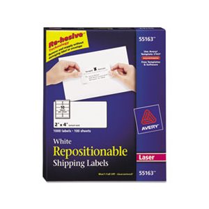 LABELS, Repositionable, Shipping, Inkjet / Laser, 2" x 4", White, 1000 / Box