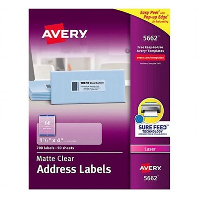 LABELS, Clear, Easy Peel, Address, Laser, 1.33" x 4", 700 / Box