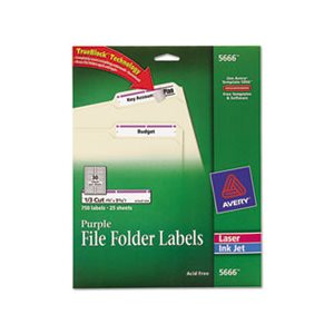 LABELS, Permanent, File Folder, W /  TrueBlock, Inkjet / Laser, Purple Border, 750 / Pk