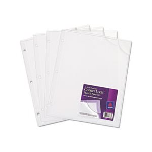 PLASTIC SLEEVES, Three-Hole Punched, Corner Lock, 11.75" x 9.5", Clear, 4 / Pk