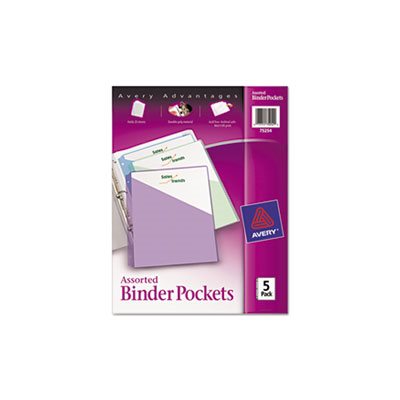 Binder Pockets, 3-Hole Punched, 9.25" x 11", Assorted Colors, 5 / Pk