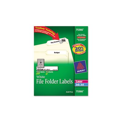 LABELS, Permanent, File Folder, W /  TrueBlock, Inkjet / Laser, White, 1800 / Box