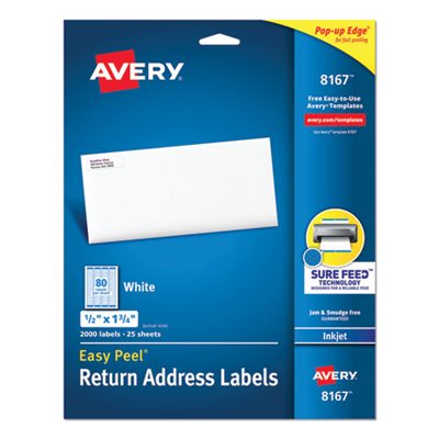 LABELS, Easy Peel, Return Address, Inkjet, .5" x 1.75", White, 2000 / Pk