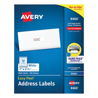 Easy Peel Mailing Address Labels, Inkjet, 1 x 2 5 / 8, White, 3000 / Box