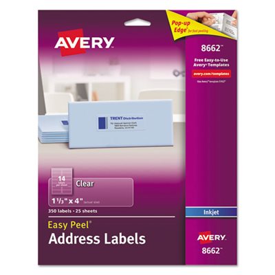 LABELS, Clear, Easy Peel, Address, Inkjet, 1.33" x 4", 350 / Pk