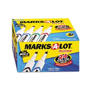 MARKERS, Marks-A-Lot, Desk-Style, Dry Erase, Chisel Tip, Assorted, 24 / Pk