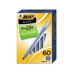 PEN, Round Stic, Xtra Precision & Xtra Life, Ballpoint, Blue Ink, 1mm, Medium, 60 / Box