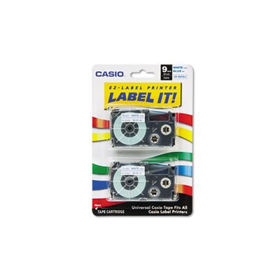 Tape Cassettes, CASIO, for KL Label Makers, 9mm x 26', Blue on White, 2 / Pack