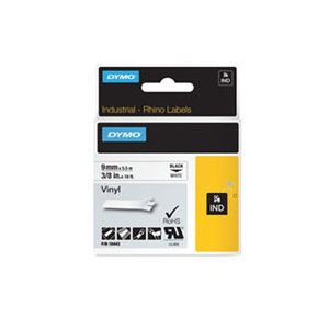 TAPE, LABEL, DYMO, Rhino, Permanent, Vinyl, Industrial, .375" x 18', White / Black Print