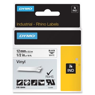 TAPE, LABEL, DYMO, Rhino, Permanent, Vinyl, Industrial, .5" x 18', White / Black Print