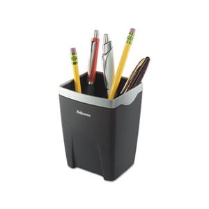 ORGANIZER, FELLOWES, PENCIL CUP, Office Suites, Divided, Plastic, 3.0625" x 3.0625" x 4.25", Black / Silver