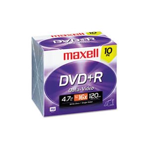 DVD+R DISCS, MAXELL, 4.7GB 16X, W /  JEWEL CASES, SILVER, 10 / PACK