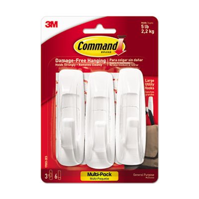 HOOKS, COMMAND, General Purpose, Value Pack, Large, 5lb Capacity, White, 3 Hooks & 6 Strips / Pack