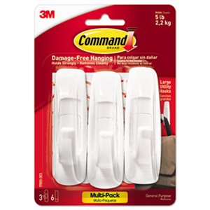 HOOKS, COMMAND, General Purpose, Value Pack, Large, 5lb Capacity, White, 3 Hooks & 6 Strips / Pack