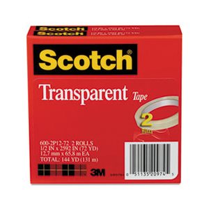 TAPE, TRANSPARENT, SCOTCH, .5" x 2592", 3" Core, 2 / Pack