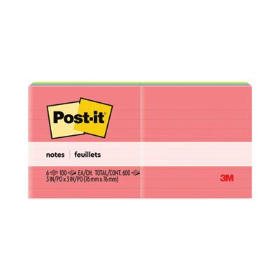 POST-IT NOTES, Pads, Cape Town Colors, 3" x 3", Lined, 100-Sheet, 6 / Pack