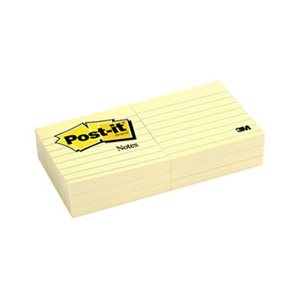 POST-IT NOTES, Pads,Canary Yellow, 3" x 3", Lined, 100-Sheet, 6 / Pack