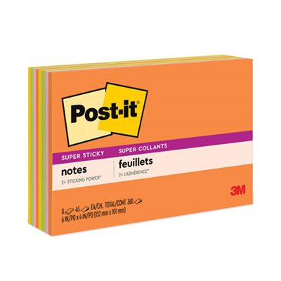 POST-IT NOTES, SUPER STICKY, LARGE FORMAT, Rio de Janeiro Colors, 6" x 4", 45-Sheet, 8 / Pack