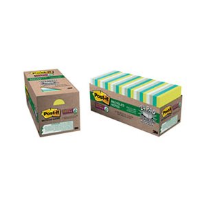 POST-IT NOTES, PADS, Recycled, Bora Bora Colors, 3" x 3", 70-Sheet, 24 / Pack