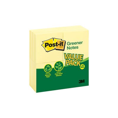 POST-IT NOTES, PADS, Recycled, 3" x 3", Canary Yellow, 100-Sheet, 24 / Pack