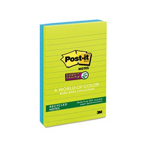 POST-IT NOTES, PADS, Recycled, Bora Bora Colors, Lined, 4" x 6", 90-Sheet, 3 / Pack