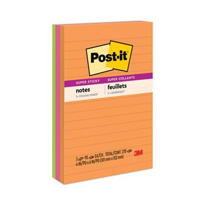 POST-IT NOTES, Pads, Rio de Janeiro Colors, Lined, 4" x 6", 90-Sheet, 3 / Pack