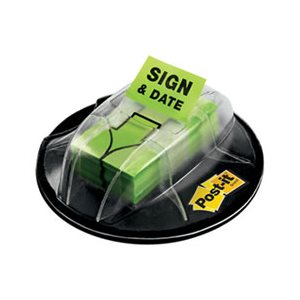 POST-IT NOTES, Page Flag Markers in Dispenser, "Sign & Date", Bright Green, 200 Flags / Dispenser