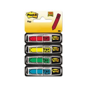 POST-IT NOTES, PAGE FLAG MARKERS, Arrow Message, .5", "Sign Here", FOUR ASSORTED COLORS, 30 / COLOR, 120 / Pack