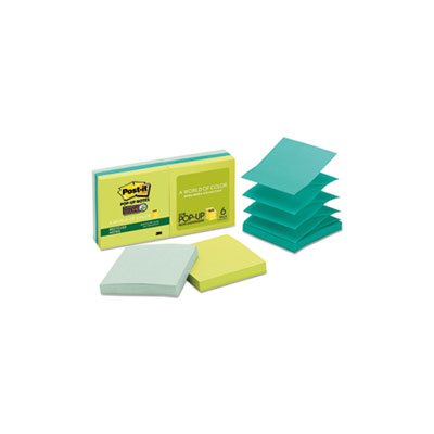 POST-IT NOTES, Pop-up, Recycled, ASSORTED Bora Bora Colors, 3" x 3", 90-Sheet, 6 / Pack