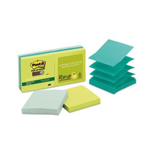 POST-IT NOTES, Pop-up, Recycled, ASSORTED Bora Bora Colors, 3" x 3", 90-Sheet, 6 / Pack