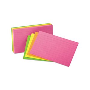 INDEX CARDS, Ruled, 3" x 5", Glow Green / Yellow, Orange / Pink, 100 / Pack