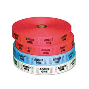 Admit-One Ticket Multi-Pack, 4 Rolls, 2 Red, 1 Blue, 1 White, 2000 / Roll