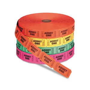 Admit One Single Ticket Roll, Numbered, Assorted, 2000 Tickets / Roll