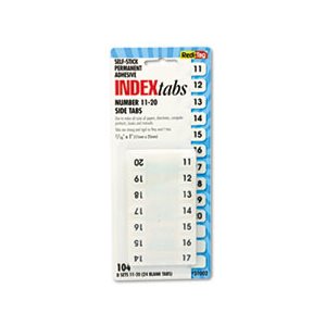 Side-Mount Self-Stick Plastic Index Tabs Nos 11-20, 1 inch, White, 104 / Pack