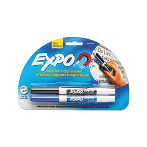 Magnetic Clip Eraser w / 2 Markers, Fine, Black / Blue, 1 Set